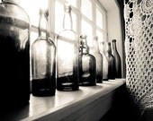 Vintage glass bottles photograph - Black and White Many Stories to tell - Fine Art Photo print - crochet lace 8x10