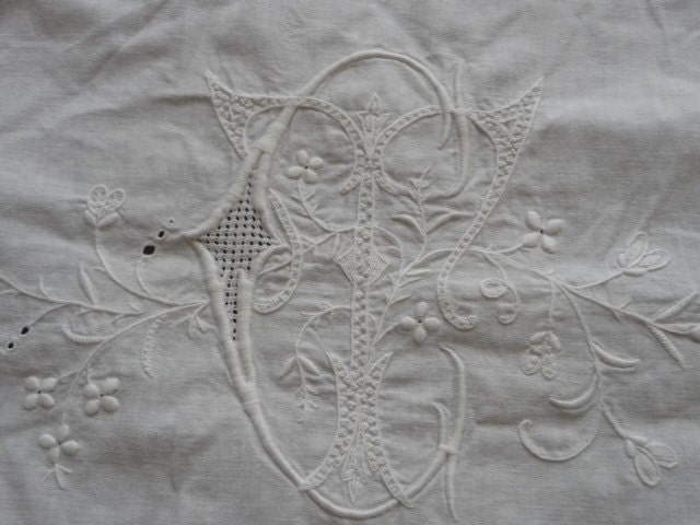 Vintage  sheet embroidered bobbin lace  monogram CT