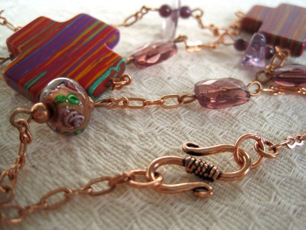 Amethyst Artisan Long Necklace - Copper Chain - Lampwork Floral - Bohemian Eclectic Style