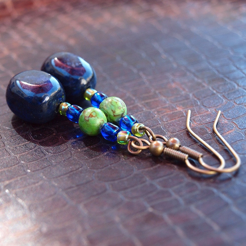 Natural Dumortierite and Green Turquoise Earrings