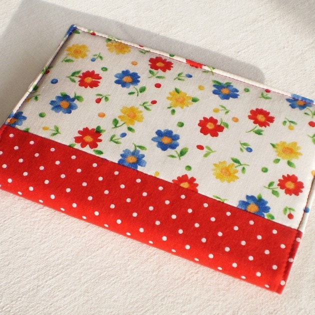 Fabric Journal - Cheerful Flowers With Polka Dots - Handmade Fabric Covered Notebook, Diary - Blue, Red and Yellow Flowers