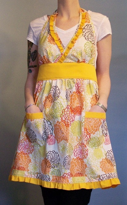 Tri Ruffle Shuffle V Neck Vintage Inspired Full Apron Dress