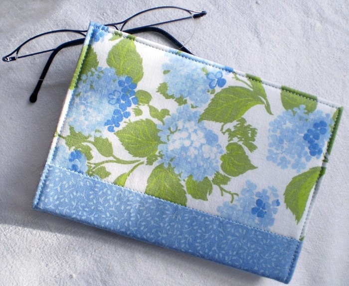 Fabric Journal - Vintage Blue Hydrangea - Handmade Fabric Covered Notebook, Diary - Blue, Green, White and Turquoise Flowers