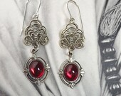 Silver German Filigree Earrings with Red Vintage Glass