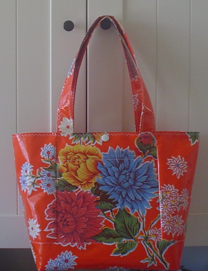 Beth's Medium Orange Mum Oilcloth Tote with Exterior Pockets