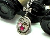 Sweet Steampunk Necklace Vintage Watch Movement Bow Pink Swarovski Designed by Mystic Pieces