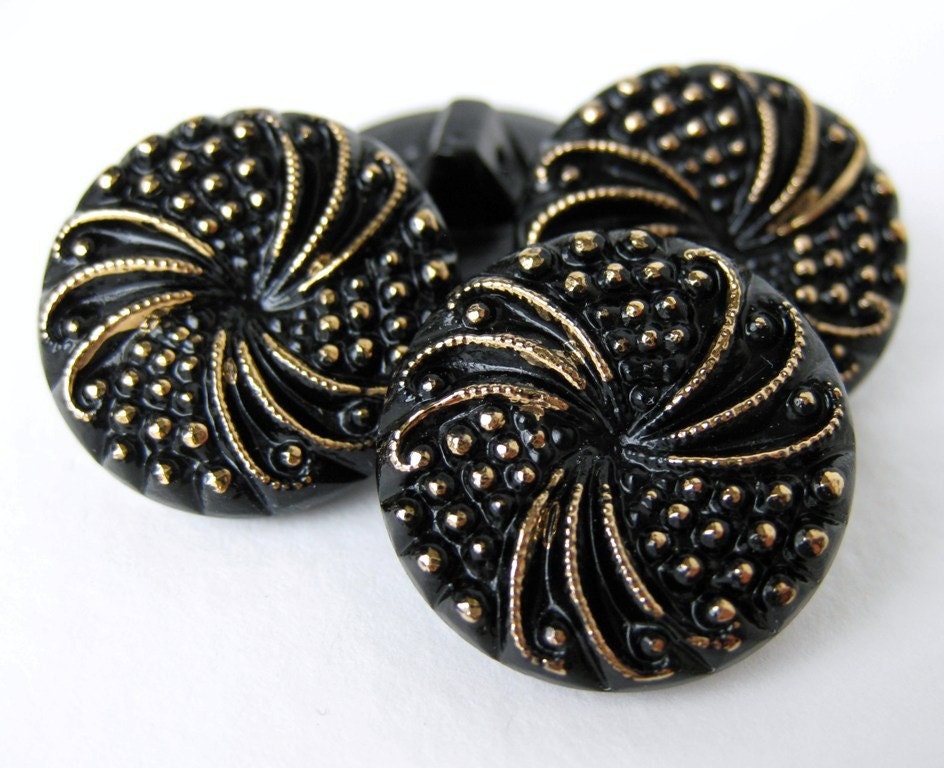 Vintage Buttons Glass Gold on Black Dot Swirl Czech 18mm but0144 (4)