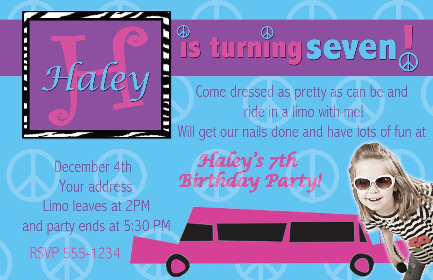 Custom Limo Peace Zebra Invite