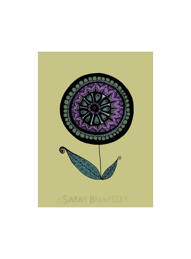 Purple and Teal Pen-Drawn Flower with Mustard Background 5x7 Print