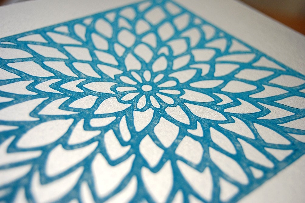 Zinnia Lino Print - Aqua on Silver