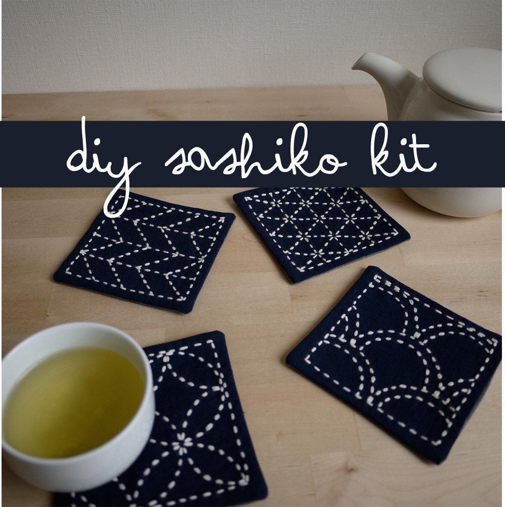 DIY Kit Sashiko Embroidery: Genki Coasters (Set of 4) w/ natural polka dot backing