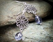 Smokey Blue Platinum Silver Topaz Sterling Silver Drops Earrings Filigree Maltese Cross Lightweight Ready To Ship OOAK