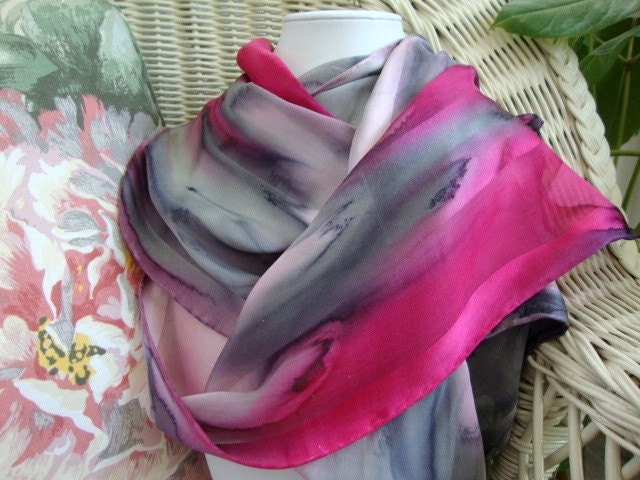 Pink and Gray Prim and Proper Hand Painted Silk Scarf