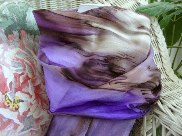 Purple Brown Tan Cream Hand Painted Silk Scarf