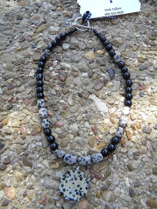 Black Bead with Dalmation Bead Necklace with Dalmation Cross