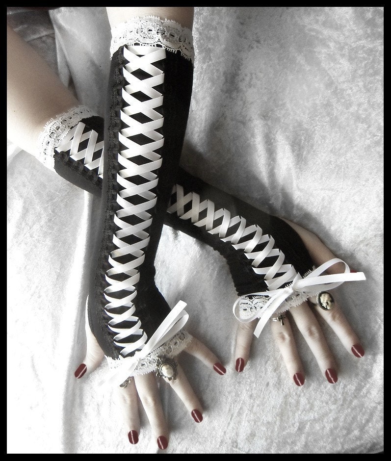 Maiden Le Noir Victorian Corset Laced Up Arm Warmers - Black w/ White Lace & Ribbon - Vampire Gothic Elegant Wedding Tribal Emo Romantic