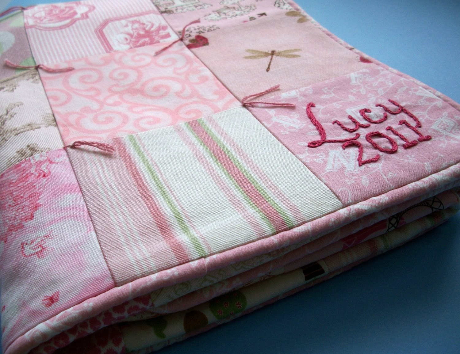 Girl Baby Quilt with Custom Hand Embroidery by Dolce Dreams