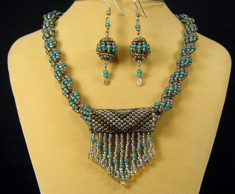 Teal and Gold Chunky Spiral Weave Necklace with Fringe Bead and Beaded Bead Earrings