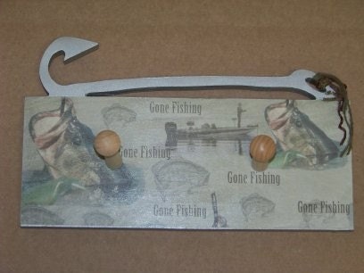 Fishing hook - hat coat rack  wooden "Gone Fishing"