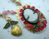 Easter Vintage Angel Heart Locket Pearl Pink Rosary Chain Cameo Assemblage Necklace Free Shipping US and Canada
