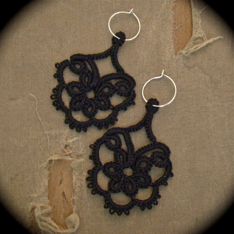 Tatted Lace Earrings - Black Pansy