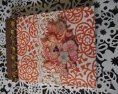 Orange And  White  Vintage Journal With Three dimentional Green Pink And Orange Flowers