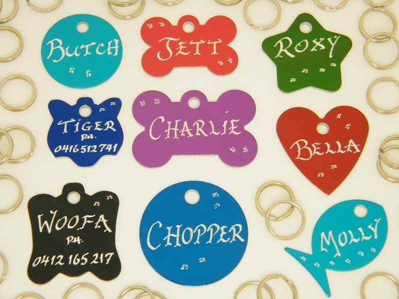 Hand Engraved - Buy 2 Tags get 3rd Tag FREE - Pet Dog or Cat ID Tags - 10 Great Shapes 7 Great Colors Available -