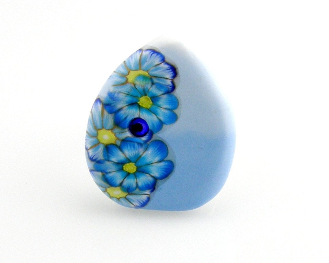 Blue Crystal Button Ring Flower Clay