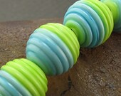 Lampwork Bead Set -Chartreuse Green and Turquoise- (5) Handmade Rounds by Andrea Pirkey SRA