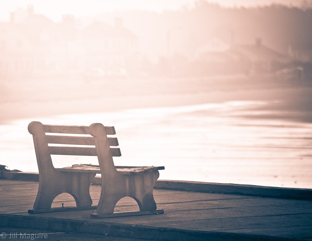 Foggy morning - 8x10 Fine Art Photograph of a wooden bench overlooking Gooch's Beach on a foggy, purple grey morning in Kennebunk, Maine