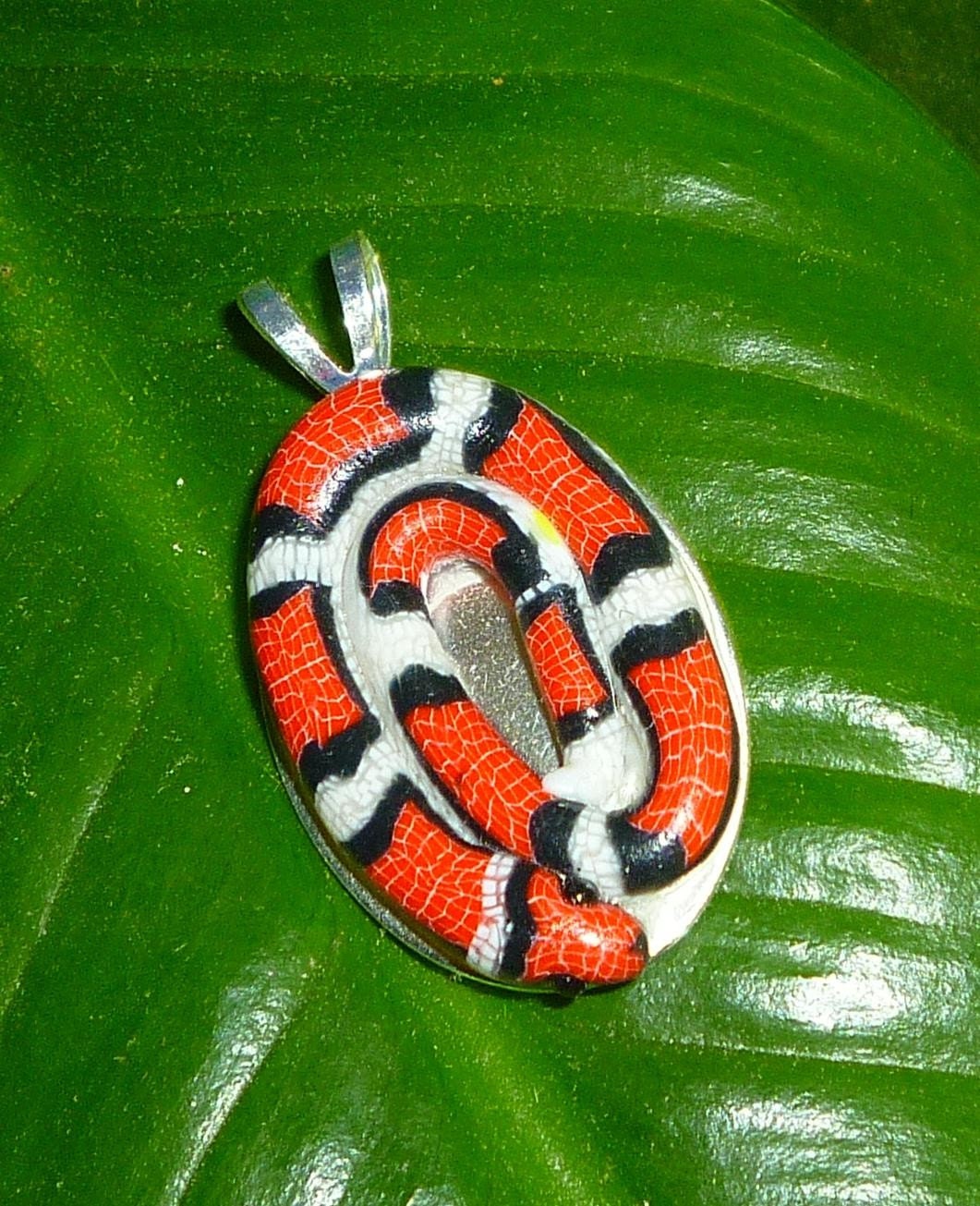 Scarlet Snake Kingsnake Necklace Pendant Red White and Black coiled charm