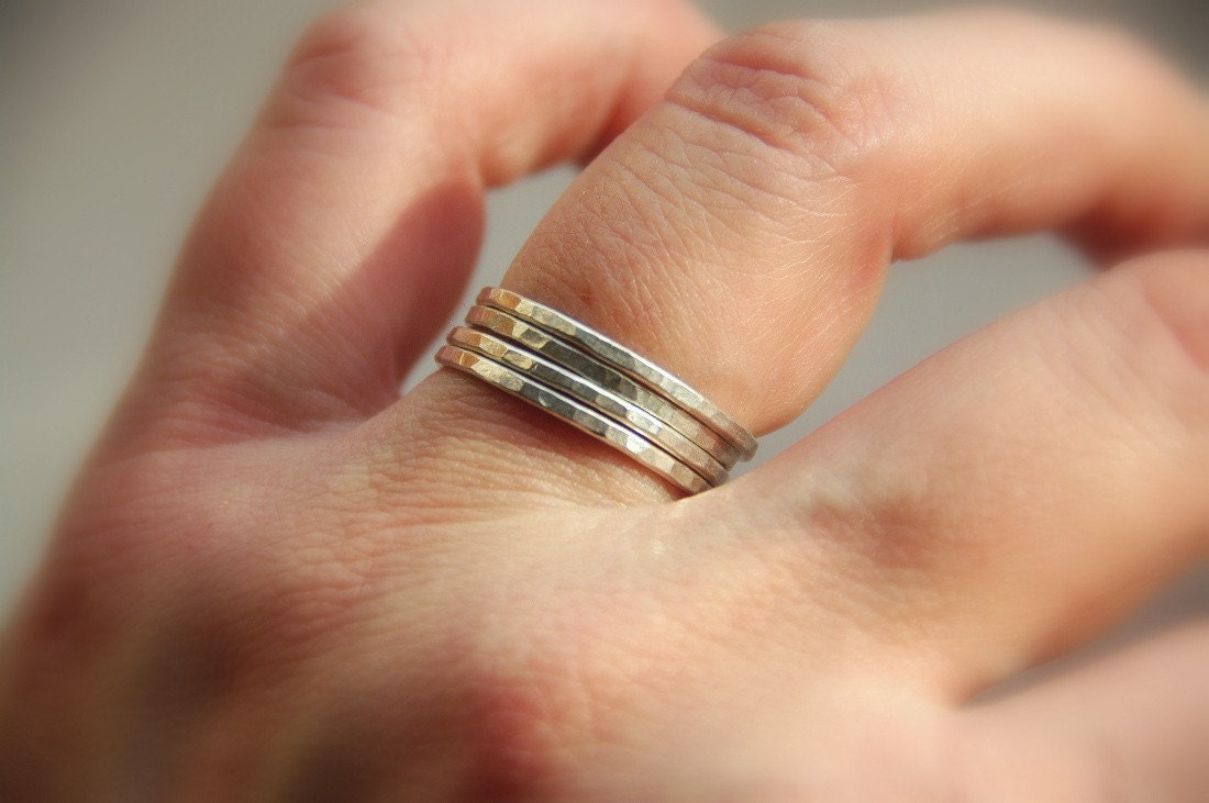 Sterling silver rings: SET OF 4 handmade sterling silver stackable rings, hammered bands, sizes 3, 4, 5, 6, 7, 8, 9, 10, 11
