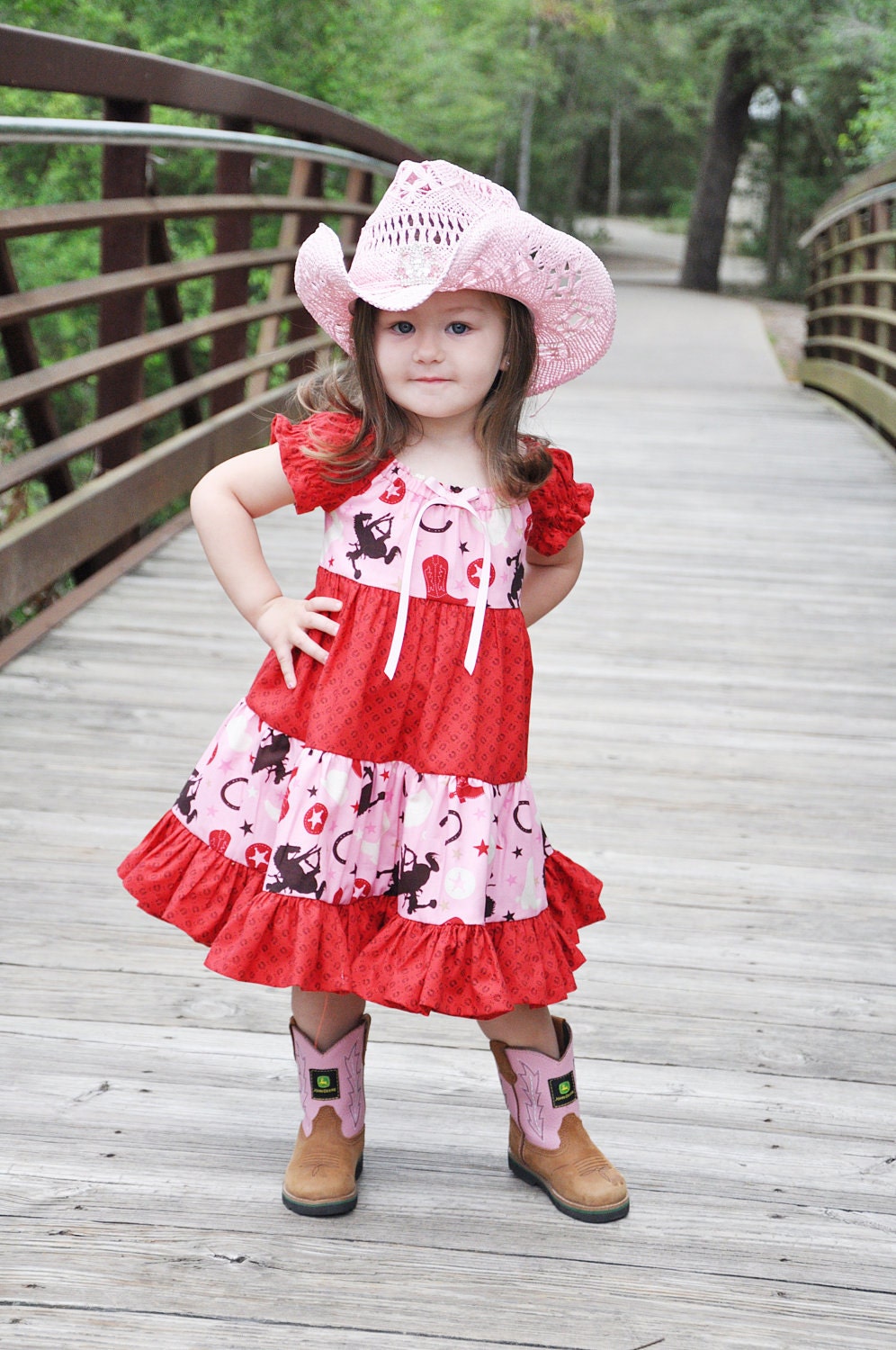 Peasant Dress - Cowgirl -  red and pink - custom made