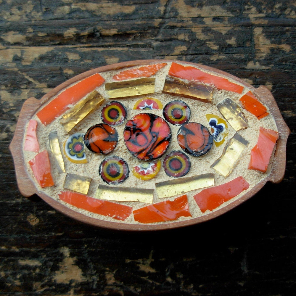 Millefiori Mosaic Brooch in Orange and Gold