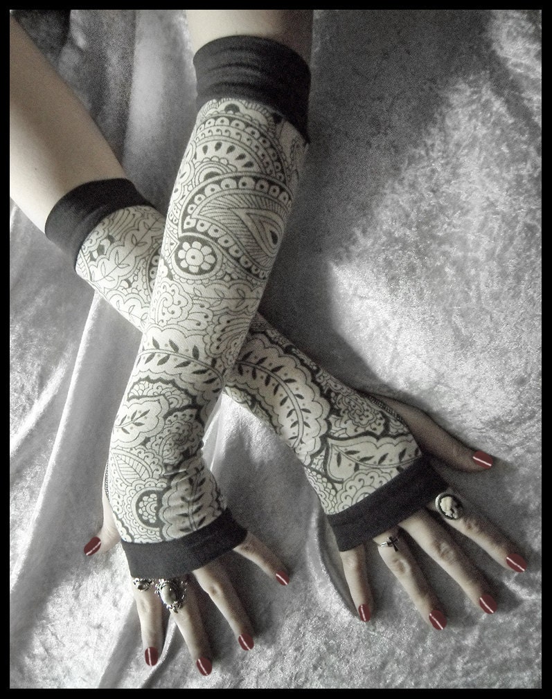 Anise Awoken Arm Warmers - Ivory Cream Charcoal Grey Mehndi Paisley Floral - Yoga Gothic Belly Dance Dark Tribal Vampire Cycling Boho Gypsy