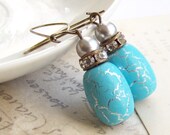 Blue Crackle Earrings with Rhinestones - earrings