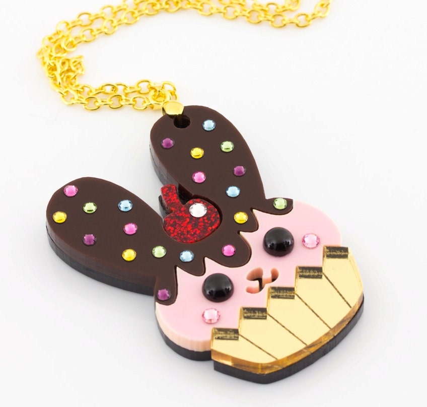 Kawaii Bunny Cupcake Layered Laser Cut Acrylic Pendant with Swarovski Crystal Sprinkles