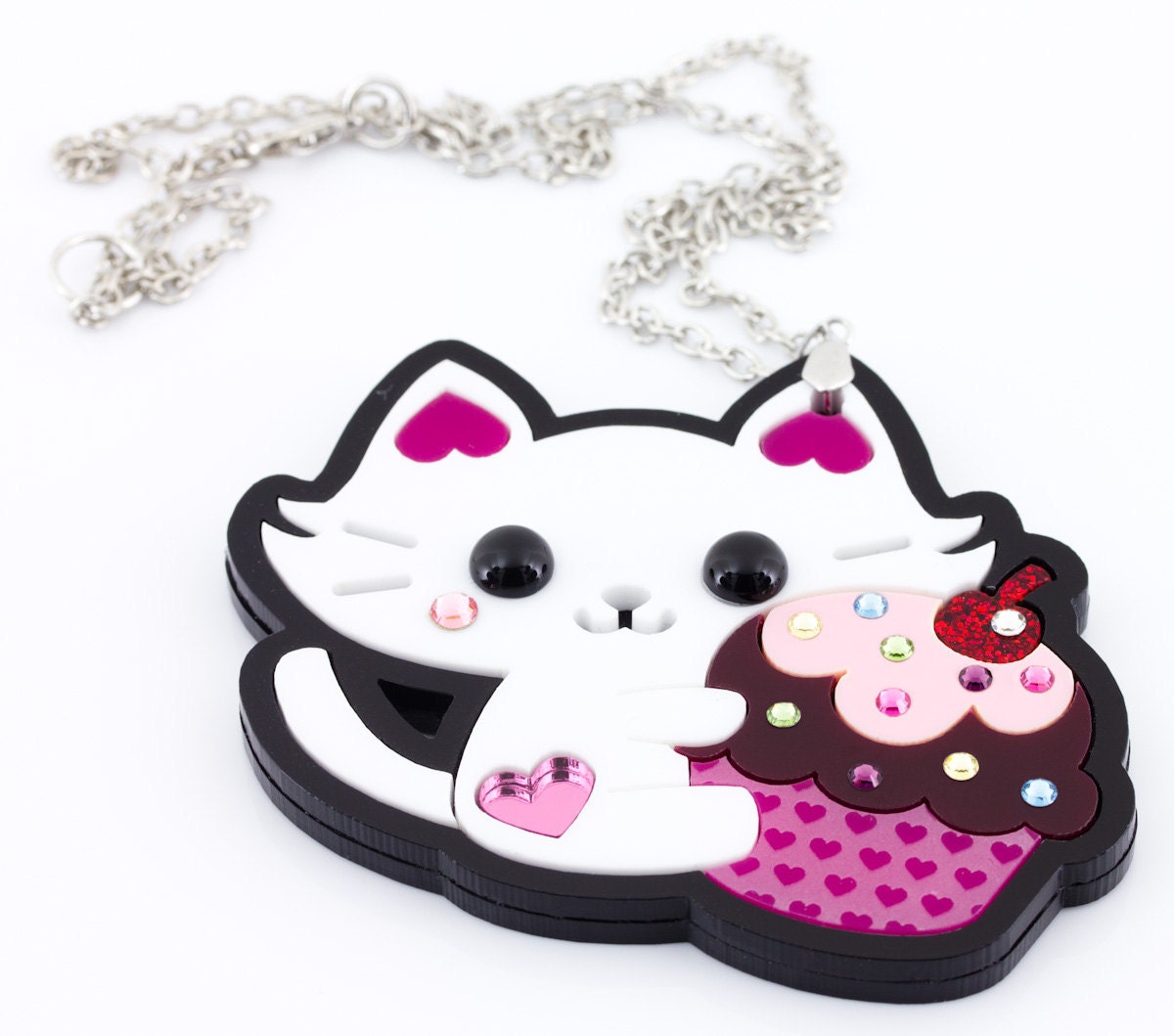 ON SALE I Havez a Cupcake for You Kitty Holding A Cupcake Layered Laser Cut Acrylic Pendant Kawaii