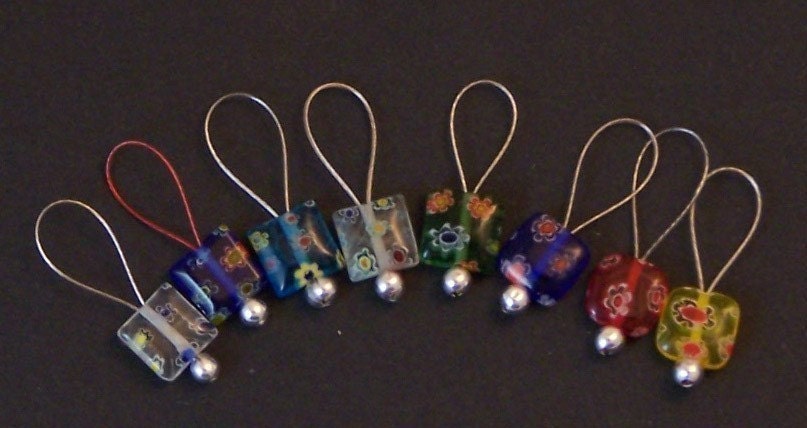 Knitting Stitch Markers, SnagFree, 2 Sets Multicolored Millefiori Silver Loop  Set of 8 Small