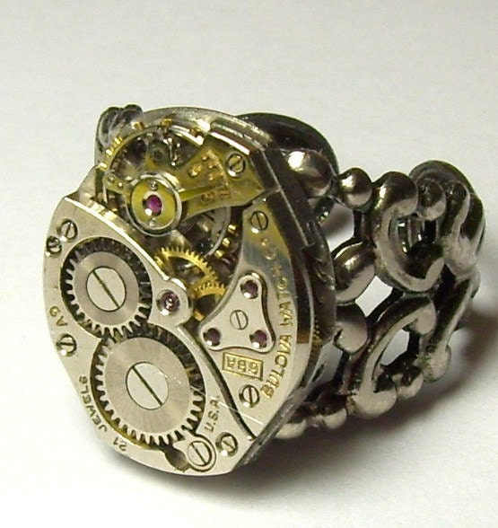 Bold Antique Silver 21 Jewel Bulova Watch Movement Filigree Adjustable Unisex NeoVictorian Steampunk Ring (A36)