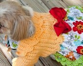 Multi Colored Flowery Dog Dress with Red Bow and Green ruffled trim