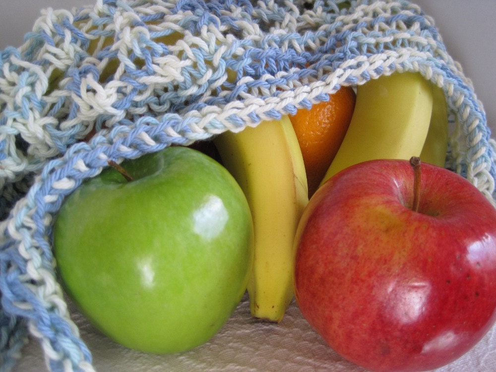 Knitted Market Bag Reuseable Blue Cotton
