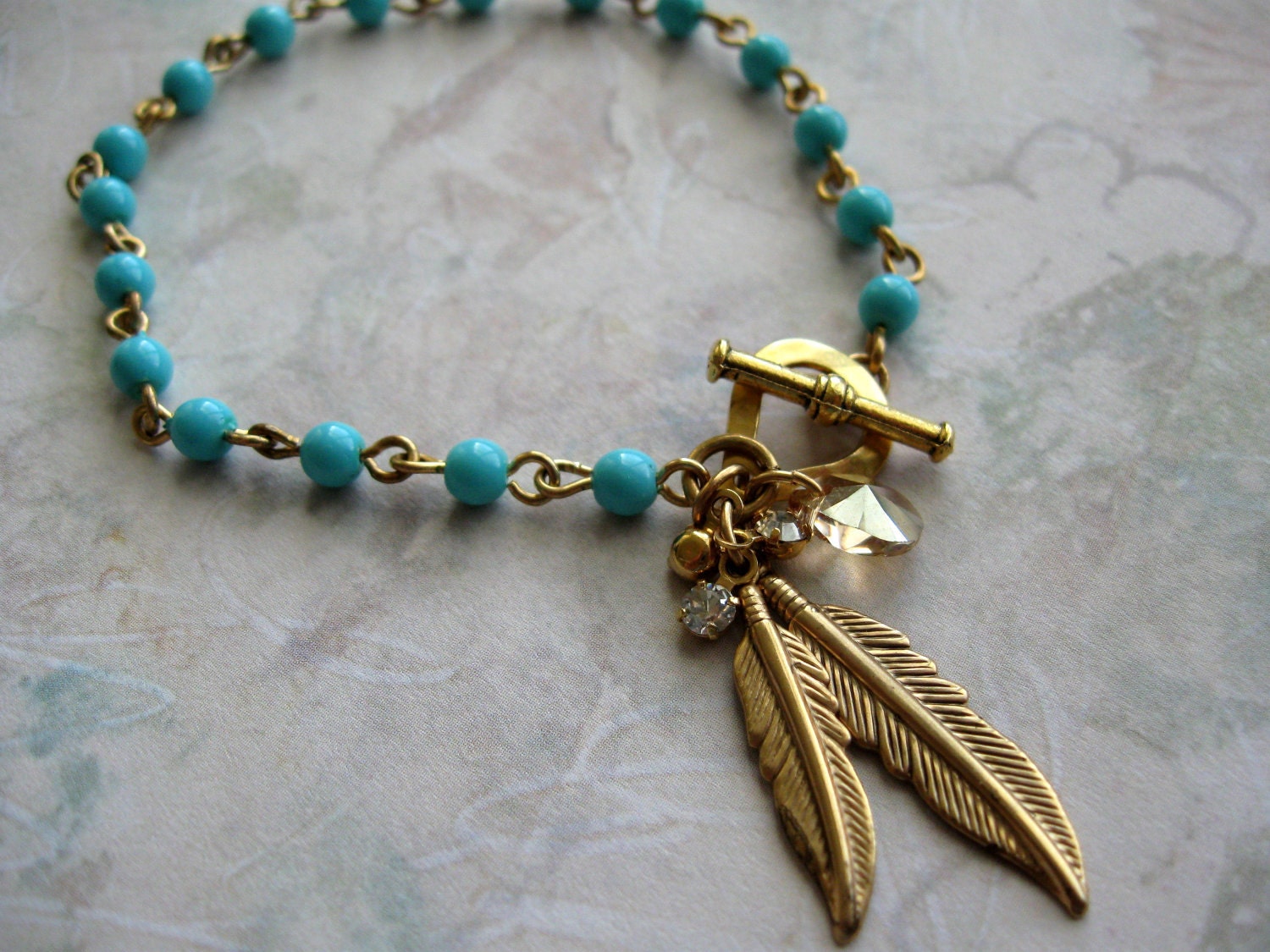 Tiny Aqua Bead & Gold Bracelet with Charms