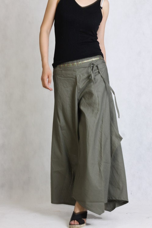 Gray linen flares / pants /split skirt Low Rise  QK008