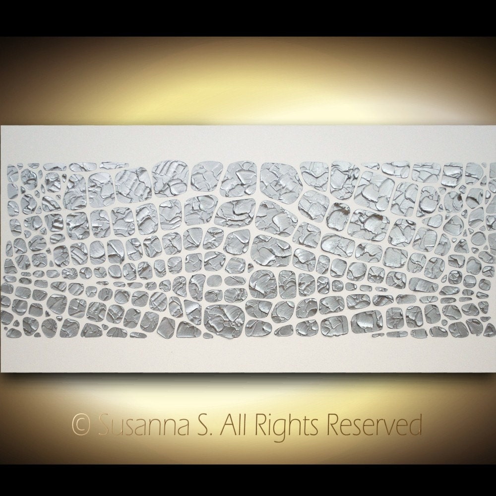 Original Textured Modern Abstract Painting Metallic Silver by Susanna Large 48x24 MADE2ORDER