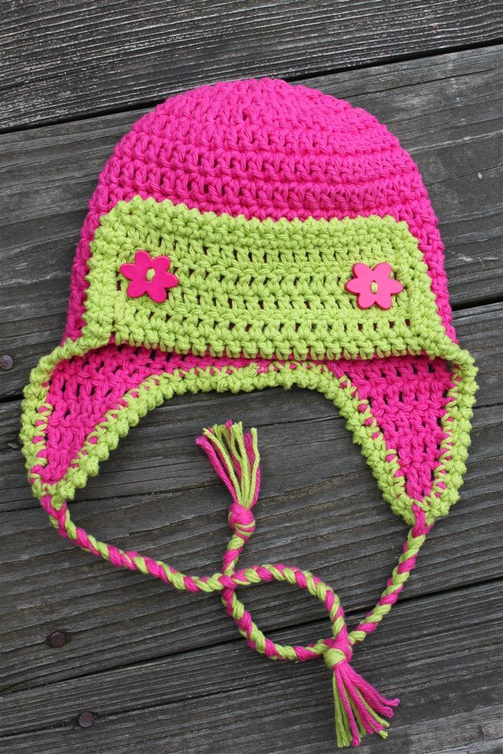 Crochet Hot Pink & Lime Green Pilot Hat for Girl- Newborn -Adult - Made To Order