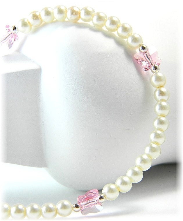 Crystal Butterfly Anklet Pearl and Pink Swarovski Crystal Butterflies with Sterling Silver