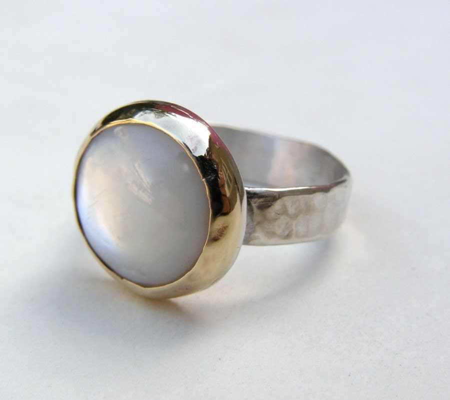 White Pearl Ring - 14k gold silver White mother-of-pearl  ring made to order