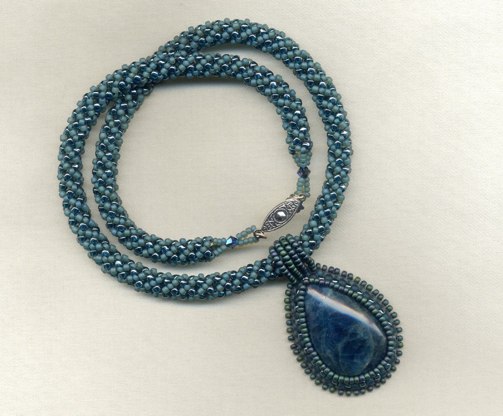 Apatite Cabochon Beadwork Pendant with Teal on Teal Russian Spiral Weave Necklace