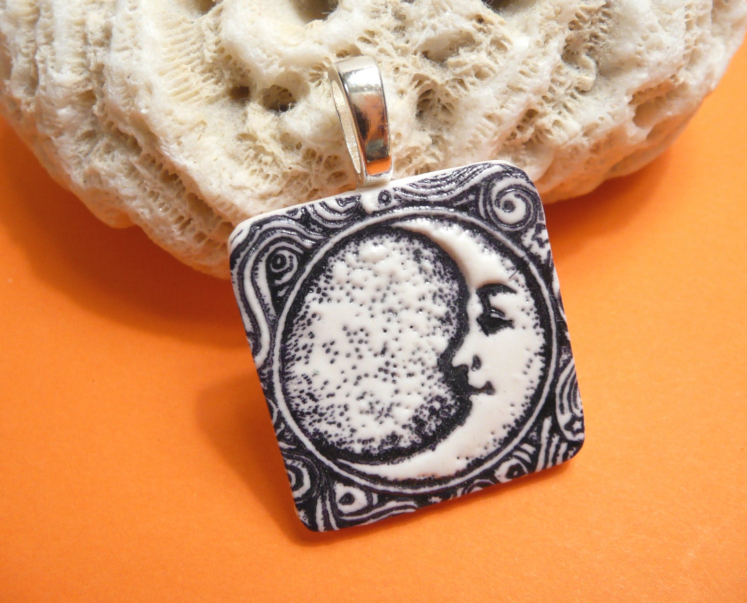 Moon Jewelry Crescent Black and White Pendant handmade polymer clay